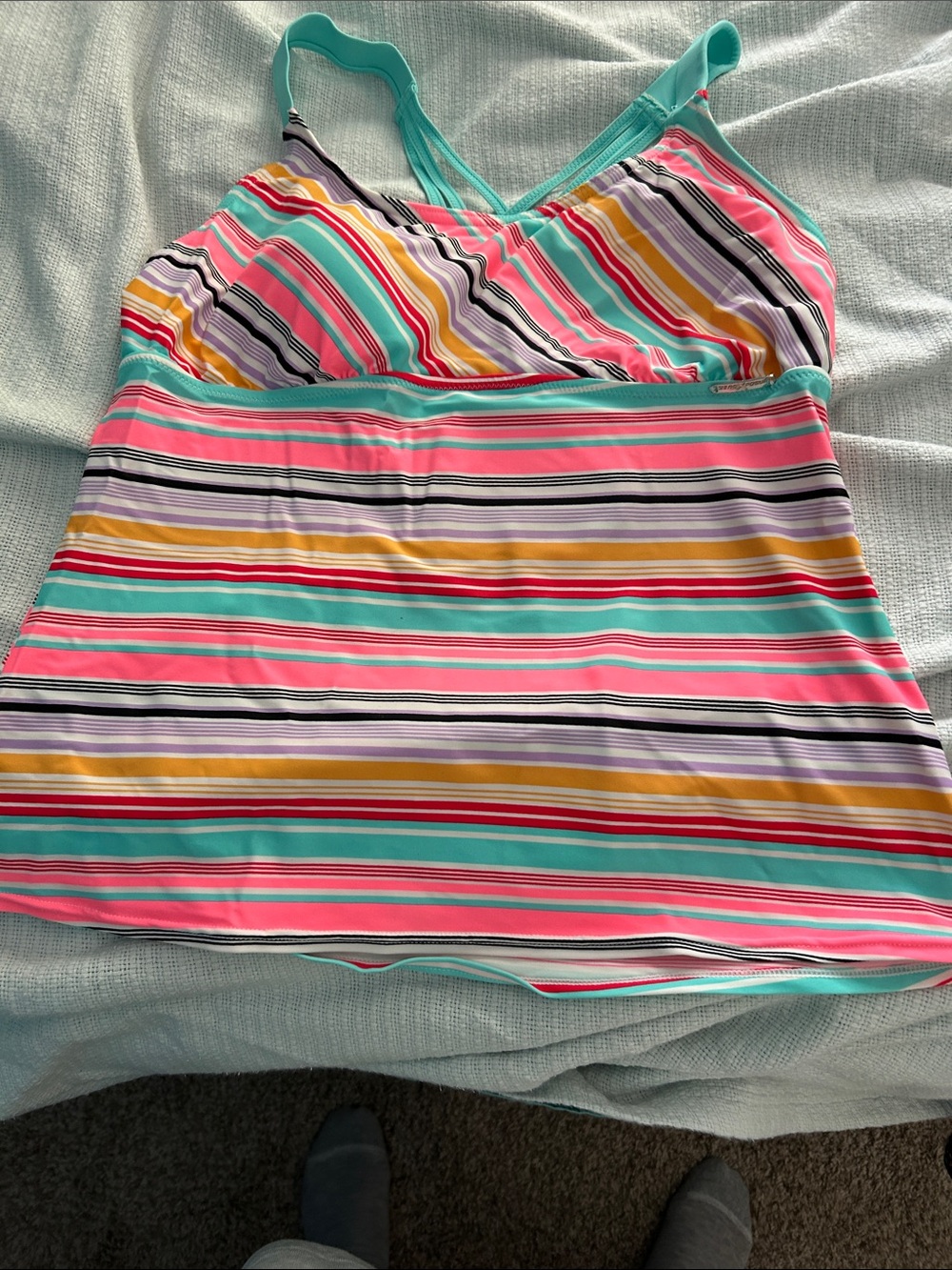 ZeroXposur Multicolor Striped Swim Top in Turquoise, Coral & Yellow